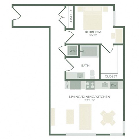 Floor plan for 1 bed, 1 bath, 758 sqft
